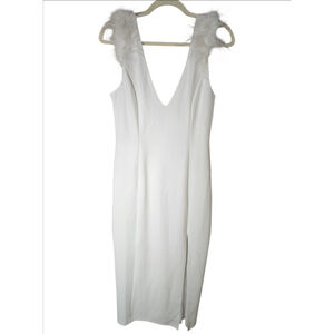 Lulus Posh Presence White Feather Shoulder Bodycon Midi Dress Small Bridal NWT